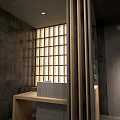 Modern Elevator Corridor Design With Wooden Slat Walls And Stone Tile Floor