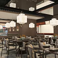 Traditional Chinese Restaurant Interior With Hanging Lanterns Calligraphy Wall And Dining Tables