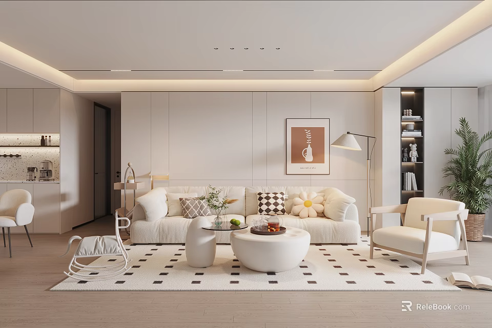 Modern Minimalist Living Room Interior With Light Sofa Coffee Table Patterned Rug And Decorative Art 3d model 