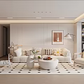 Modern Minimalist Living Room Interior With Light Sofa Coffee Table Patterned Rug And Decorative Art