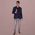 Man In Navy Blue Blazer Holding Wine Glass With Light Brown Background