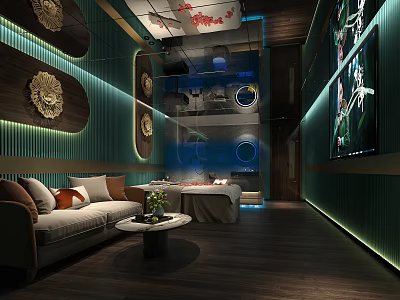 Luxury SPA Sauna Interior Design With Relaxing Sofa Massage Tub And Decorative Lighting 3d model