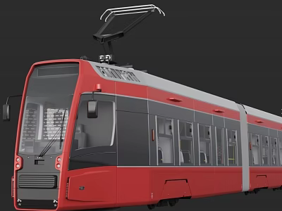Red Tram with Silver Roof Trolley Pole on Top Modern Body Design and Side Windows 3d model