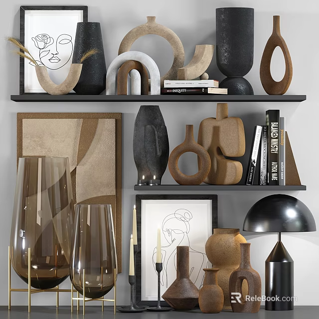 Modern Decorative Ornament Set With Sculptures Vases Books And Wall Art For Home Decor 3d model 