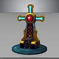 Decorative Throne With Seated Character Golden Frame Blue Accents Red Gem And Blue Base