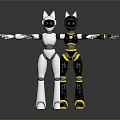 Two Robot Characters With Cat Ear Design White Black And Blue Yellow Arm Accents