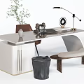 Modern Home Office Desk With Table Lamp Potted Plant Chair Decorative Items And Trash Bin