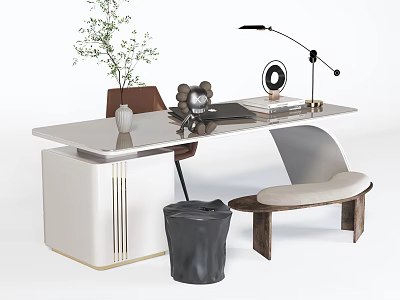 Modern Home Office Desk With Table Lamp Potted Plant Chair Decorative Items And Trash Bin 3d model
