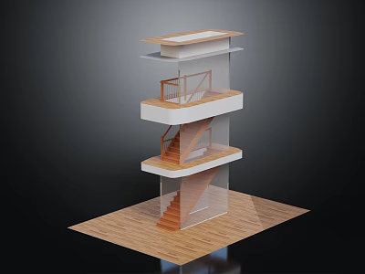 Multi Level Building Structure With Wooden Staircase Layered Platforms Railings And Wooden Floor 3d model