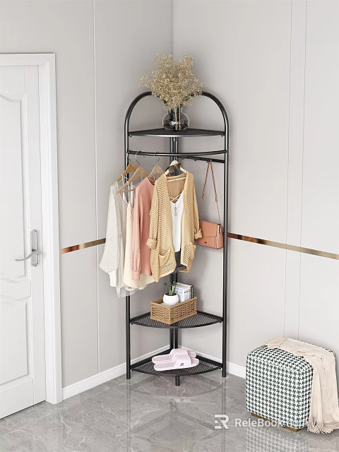 Modern Freestanding Metal Multi tiered Clothes Rack With Hanging Sweaters Handbag Woven Basket And Vase 3d model 