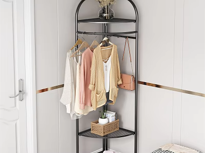 Modern Freestanding Metal Multi tiered Clothes Rack With Hanging Sweaters Handbag Woven Basket And Vase 3d model