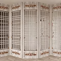 Elegant Multi Panel Folding Screen With Lattice Design And Carved Borders 3d model