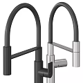 Two Modern Sleek Kitchen Faucets In Black And Silver With Tall Arch Design