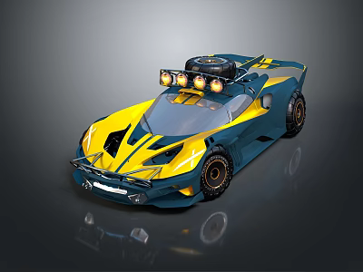 Blue And Yellow Race Car With Sleek Design And Roof Lights 3d model