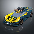 Blue And Yellow Race Car With Sleek Design And Roof Lights