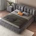 Modern Gray Upholstered Double Bed In Bedroom With Pendant Lights And Decorative Painting
