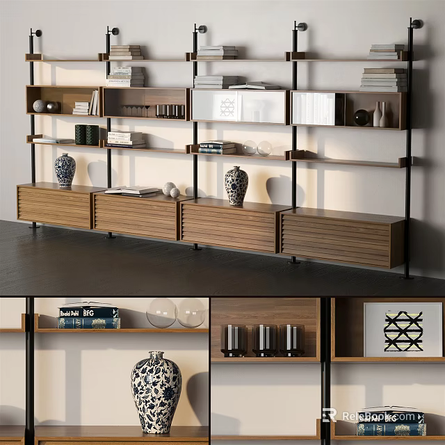 Modern Storage Shelf Unit With Multiple Shelves Wooden Drawers And Decorative Ornaments 3d model 