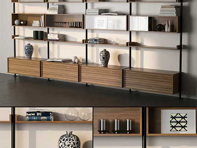 Modern Storage Shelf Unit With Multiple Shelves Wooden Drawers And Decorative Ornaments 3d model