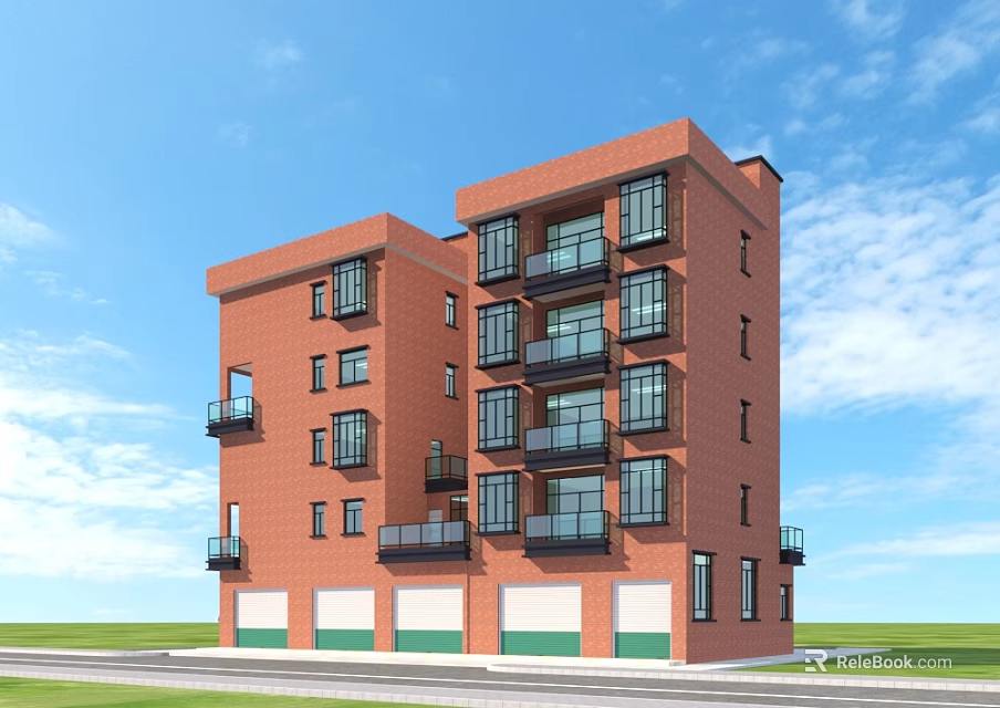 Modern Red Brick Multi Story Residential Building With Balconies And Ground Floor Garages 3d model 