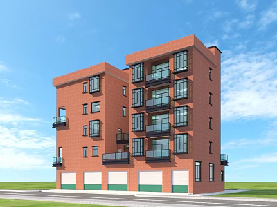 Modern Red Brick Multi Story Residential Building With Balconies And Ground Floor Garages 3d model