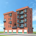 Modern Red Brick Multi Story Residential Building With Balconies And Ground Floor Garages