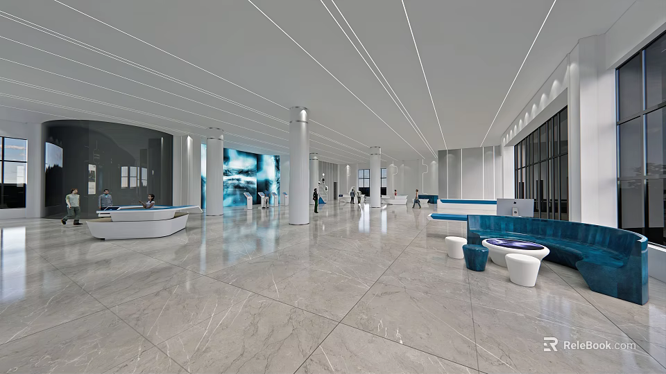 Modern Lobby Interior With Marble Floor White Columns Sofa Seating And Large Digital Screen 3d model 