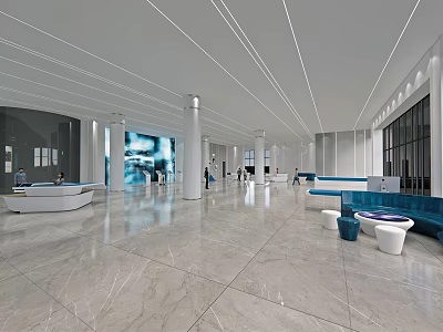Modern Lobby Interior With Marble Floor White Columns Sofa Seating And Large Digital Screen 3d model