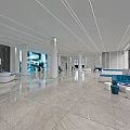 Modern Lobby Interior With Marble Floor White Columns Sofa Seating And Large Digital Screen 3d model