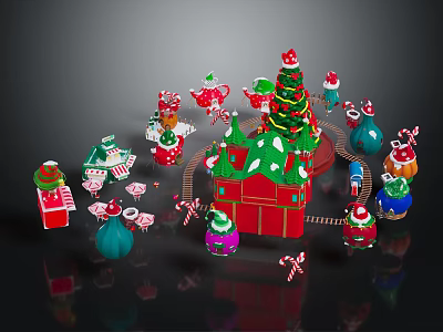 Festive Christmas Holiday Furniture With Red Cottage Green Tree Candy Canes And Gift Boxes 3d model