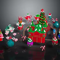 Festive Christmas Holiday Furniture With Red Cottage Green Tree Candy Canes And Gift Boxes