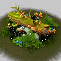 Lush Green Log Surrounded by Grass Small Flowers and Colorful Mushrooms with Butterflies