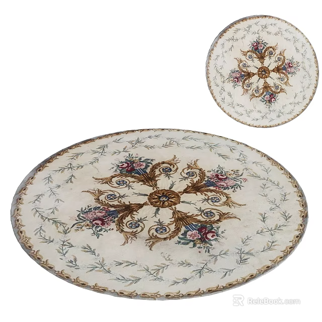 Round Rug With Elegant Floral Patterns And Vine Decor On Beige Background 3d model 