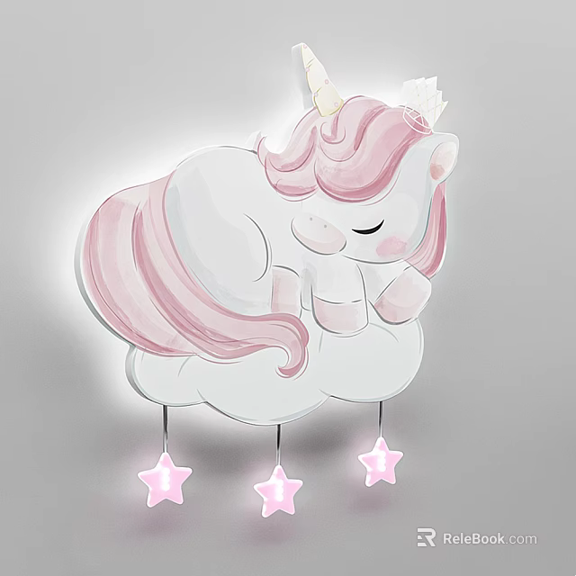 Cute Unicorn Shaped Wall Lamp With Crown Pink Mane Cloud Base And Hanging Pink Stars 3d model 