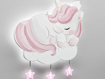 Cute Unicorn Shaped Wall Lamp With Crown Pink Mane Cloud Base And Hanging Pink Stars 3d model
