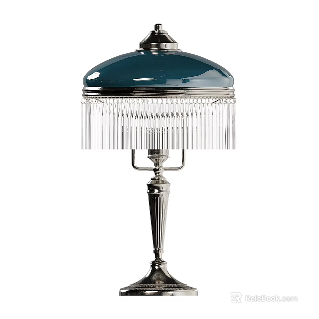 Elegant Teal Table Lamp With Crystal Fringes And Silver Stand Design 3d model 