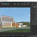 Modern Office Building Exterior Design With Green Landscape Trees And Mountains
