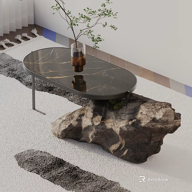 Natural Style Sofa Coffee Table Set Featuring Black Marble Top Rock Base And Vase Plant 3d model 