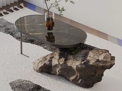 Natural Style Sofa Coffee Table Set Featuring Black Marble Top Rock Base And Vase Plant 3d model