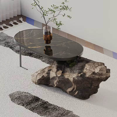 Natural Style Sofa Coffee Table Set Featuring Black Marble Top Rock Base And Vase Plant 3d model