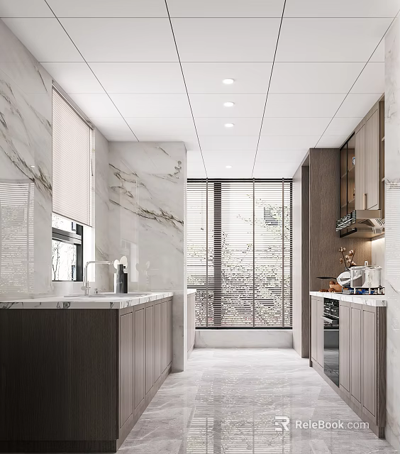 Modern Kitchen With Marble Walls Cabinets And Large Windows 3d model