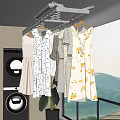 Hanging Clothes Rack In Modern Balcony Laundry Area With Dresses And Shirts