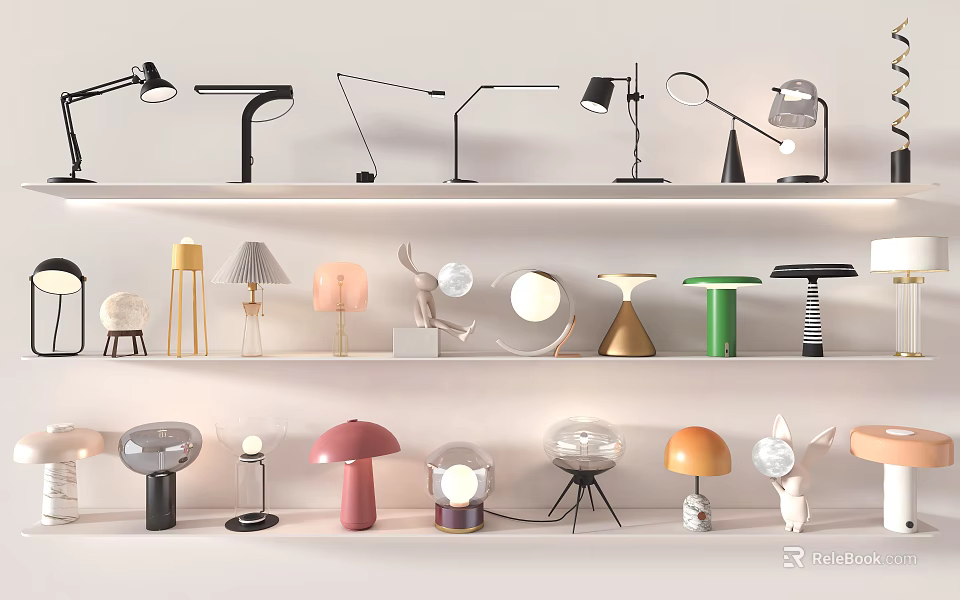 Stylish Lighting Combinations Displayed On Shelves With Various Designs Colors And Styles 3d model 