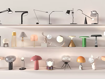 Stylish Lighting Combinations Displayed On Shelves With Various Designs Colors And Styles 3d model