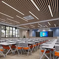 School Multipurpose Room with White Orange Chairs Large Screens Wooden Strip Ceiling and Lighting