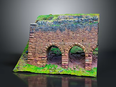 Ancient Brick Structure Model With Arched Openings And Green Mossy Vegetation 3d model
