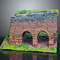 Ancient Brick Structure Model With Arched Openings And Green Mossy Vegetation