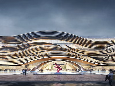 Modern Architectural Building With Wavy Exterior Design Open Plaza And People Walking 3d model