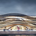 Modern Architectural Building With Wavy Exterior Design Open Plaza And People Walking