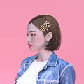Young Woman With Short Brown Hair In Denim Jacket And Gold Hairpin Against Pink Background