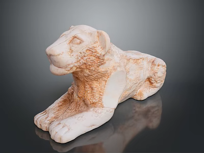 Ivory White Textured Stone Lion Statue Reclining on Reflective Black Surface 3d model
